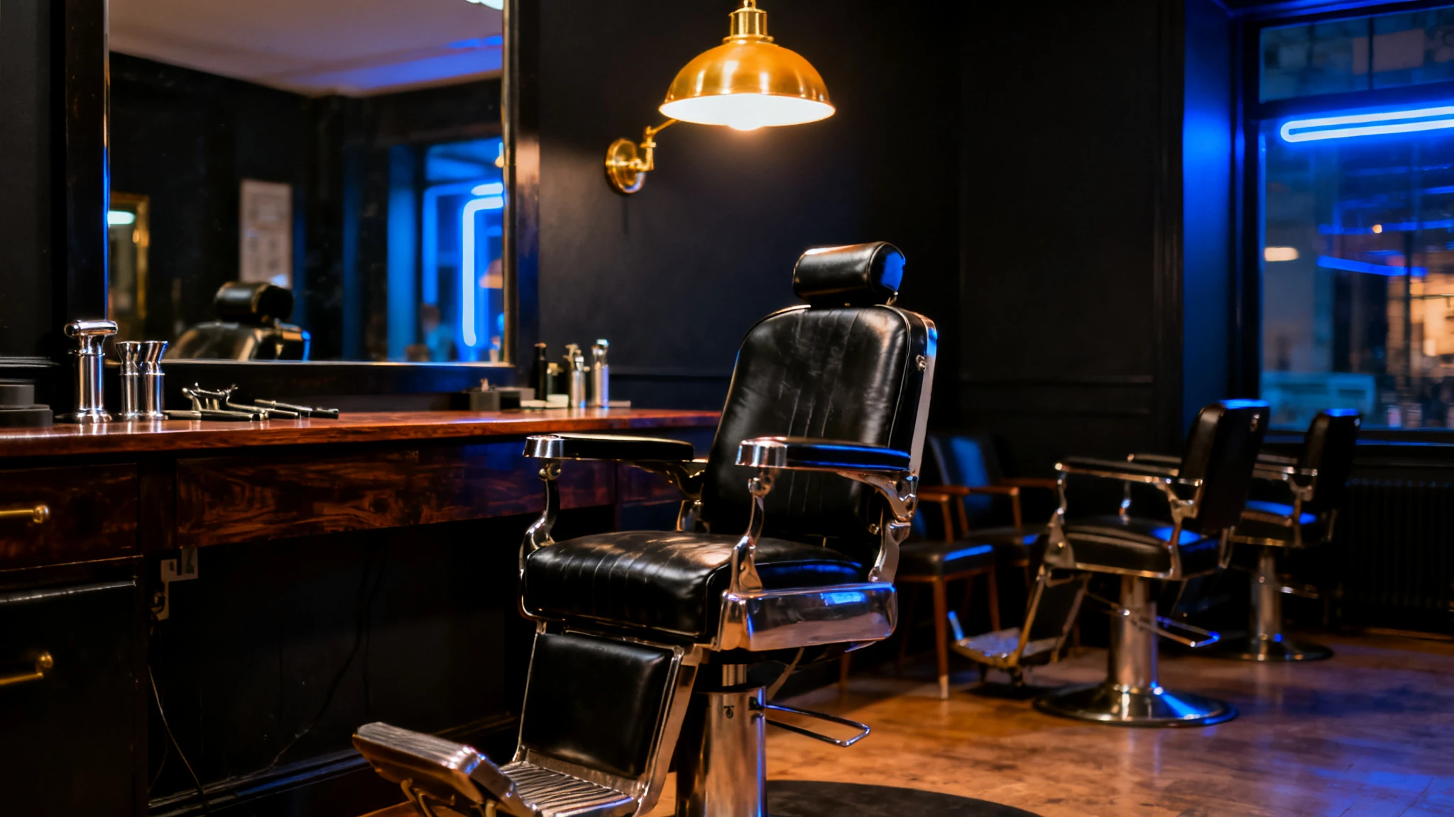 Modern barbershop atmosphere — warm brass pendant light, leather barber chair, chrome tools